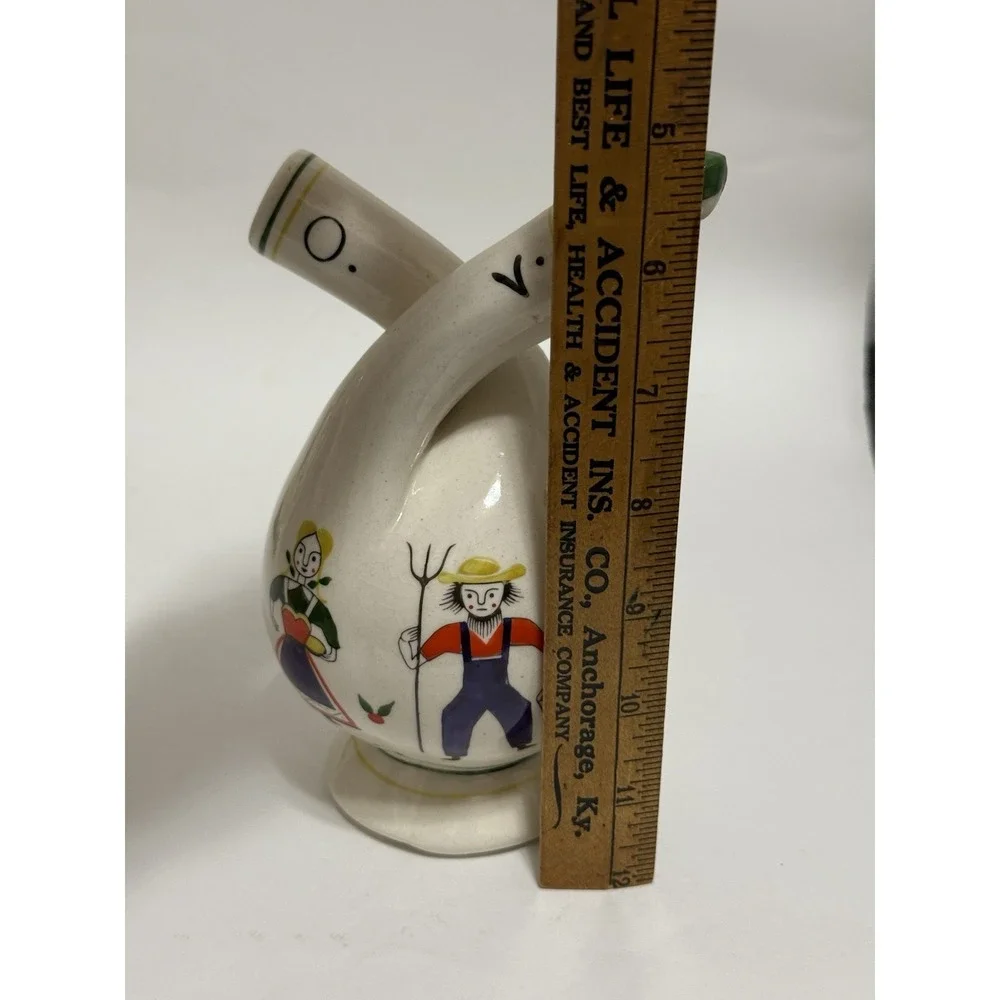 VTG Japan Double Oil & Vinegar Cruet Amish  Folk Art Ceramic Bottle 1 Stopper